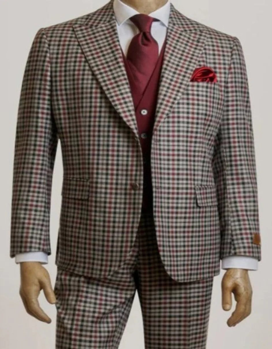 Steve Harvey Suit - Peak Lapel Modern Fit - No Pleated Pants Designer Brand Multicolor 3 Piece Vested Suit - Coat Size 38