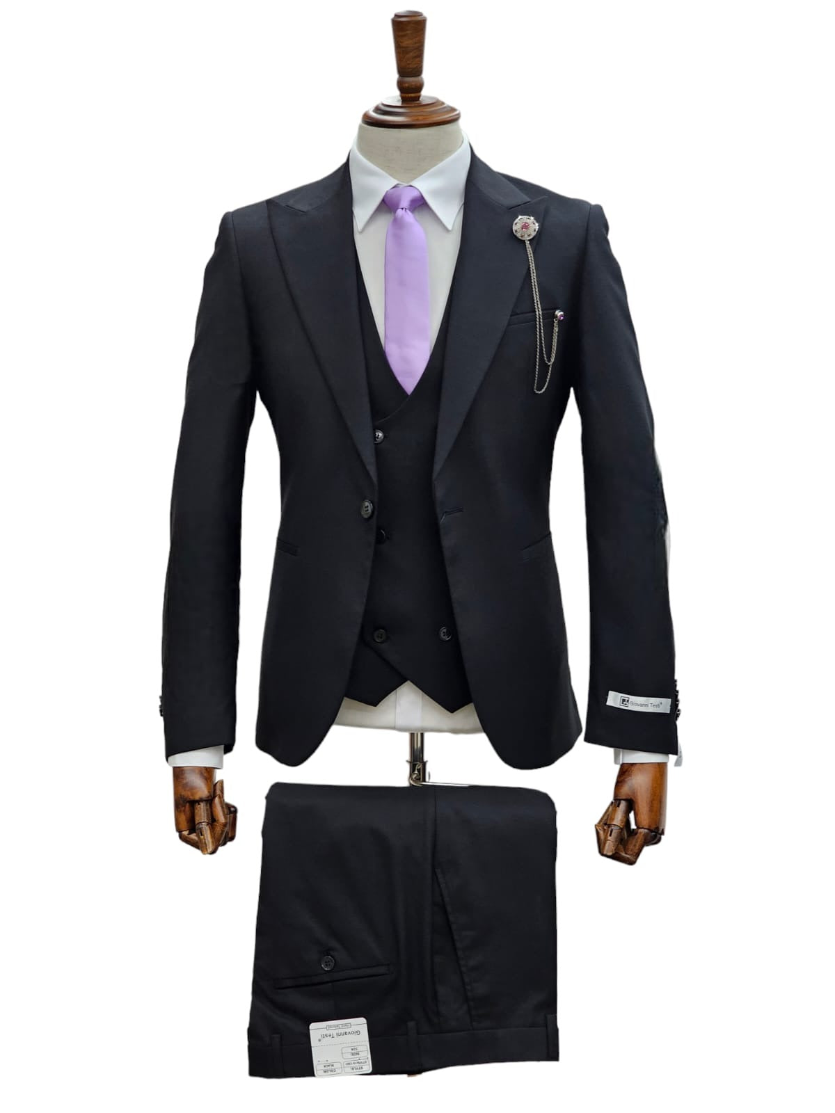 Giovanni Testi Suits With Double Breasted Vest - 3 Pieces Peak Lapel in Black - 34 Short