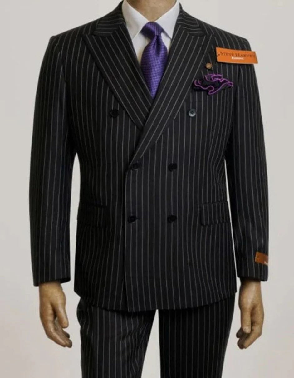 Steve Harvey Suit - Peak Lapel Modern Fit - No Pleated Pants Designer Brand Black Double Breasted 3 Piece Vested Suit - Coat Size 38