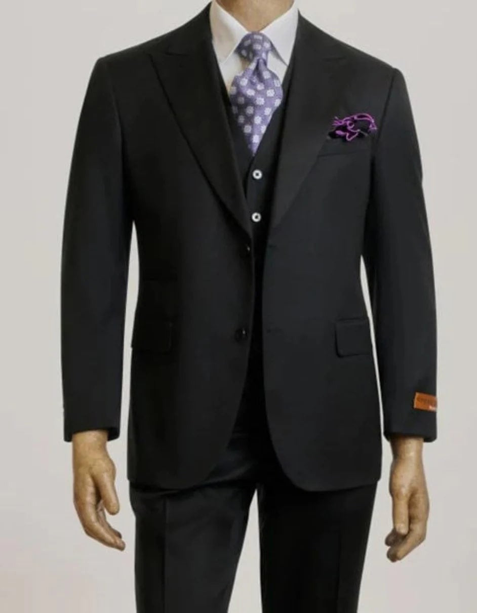 Steve Harvey Suit - Peak Lapel Modern Fit - No Pleated Pants Designer Brand Black Chest Pocket 3 Piece Vested Suit - Coat Size 38