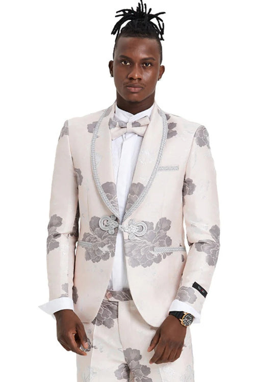 Light Pink Suit For Mens Gray Tuxedo - Grey Wedding Suit-Mens One Button Vested Shawl Tuxedo In Pink & Silver Paisely With Lace Trim