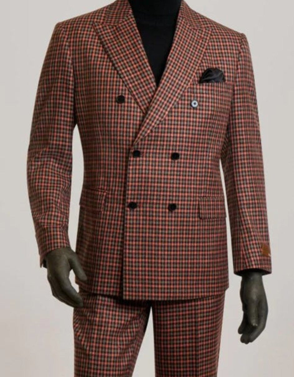 Steve Harvey Suits - Gray and Burnt Rust Checkered Suit - Plaid Textured Pattern Suit Modern Fit - New Arrival - Coat Size 38