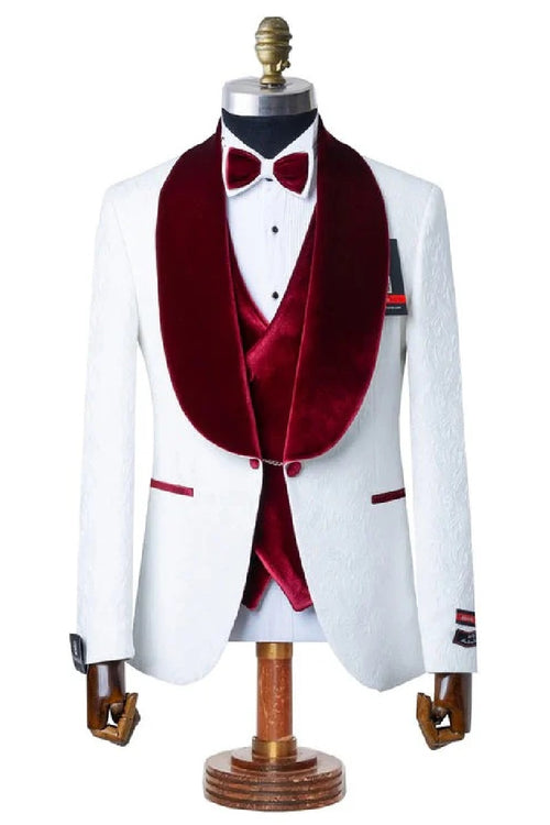 Men’s Gianni White and Burgundy Velvet Lapel 3 Piece Tuxedo, Formal Wedding Prom Suit