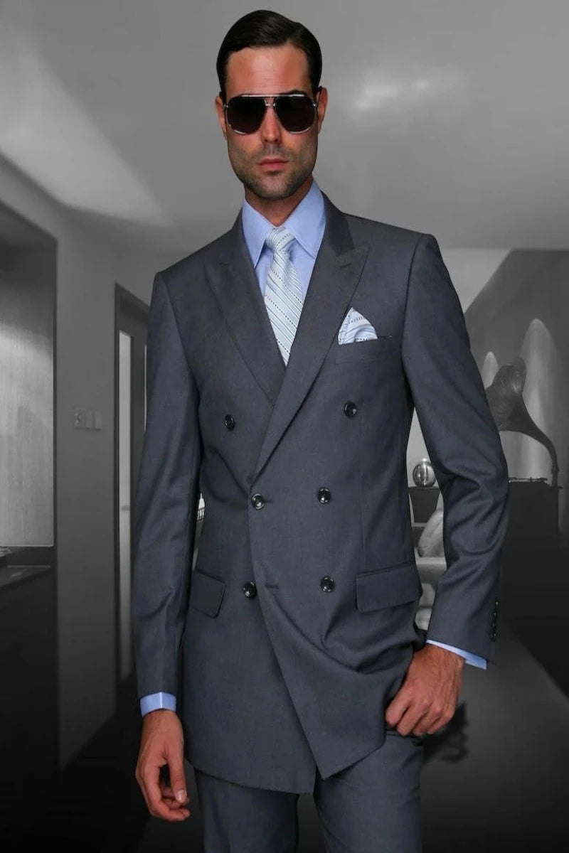 Vinci Men's Poplin Double Breasted Solid Suit 2 Piece Discount - 38 Short Jacket+32 Waist Adjustable 28to34)(Height: 5 4 to5 7 )(Neck 15-16.5)S-M)