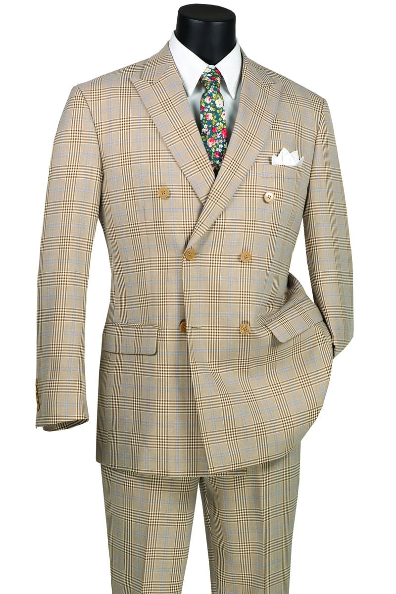 Vinci Men's 2 Piece Glen Plaid Double Breasted Suit Fashionable & Stylish - 38 Short Jacket+32 Waist Adjustable 28to34)(Height: 5 4 to5 7 )(Neck 15-16.5)S-M)