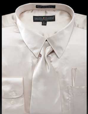 "Beige Satin Dress Shirt Set for Men - Regular Fit with Tie & Pocket Square"