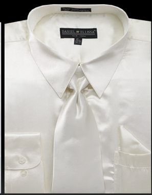 Ivory Satin Men's Regular Fit Dress Shirt Set with Tie & Pocket Square - 14½ 32/33