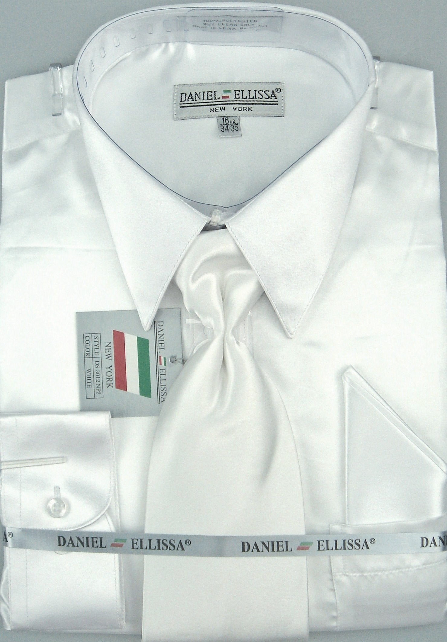 White Satin Men's Dress Shirt Set with Tie & Pocket Square - Regular Fit - 14½ 32/33