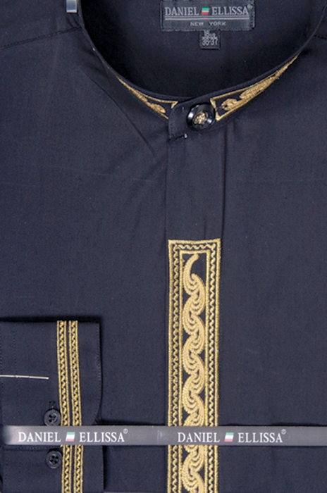 "Men's Black Regular Fit Dress Shirt with Gold Wave Embroidery - Banded Collar"