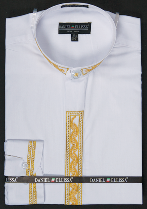 "Men's Regular Fit Dress Shirt - Banded Collar, White with Gold Wave Embroidery" - 14½ 32/33