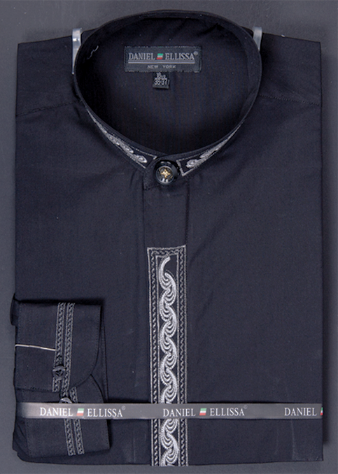 "Men's Banded Collar Dress Shirt - Regular Fit, Black with Grey Wave Embroidery"
