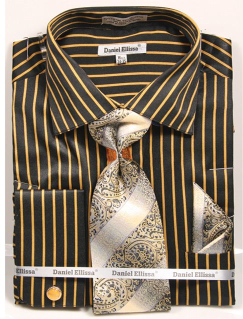 "Men's Regular Fit Dress Shirt & Tie Set, Bold Black & Gold Pinstripe"