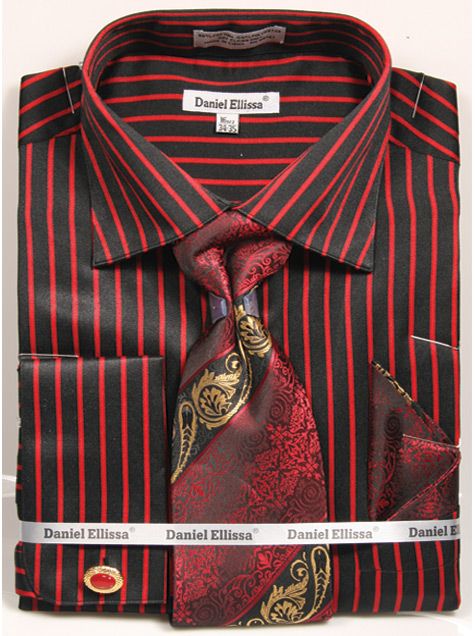 "Men's Regular Fit Dress Shirt & Tie Set - Bold Black & Red Pinstripe"