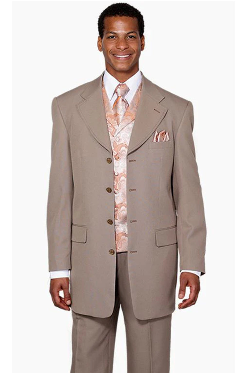"Tan Men's Fashion Suit with 4-Button Long Vested Paisley Design"