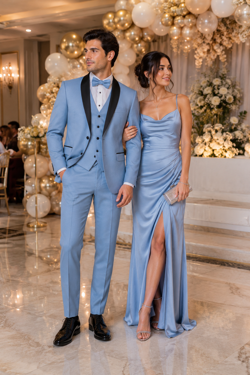Dusty Blue Suit Color Tuxedo Shawl Collar Vested 3PC Mens Suit Slim Fit Jacket + Pants + Vest
