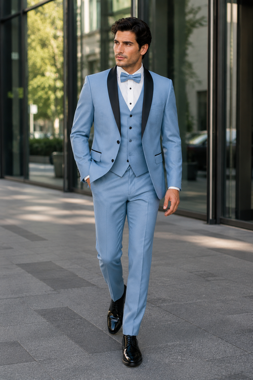 Dusty Blue Suit Color Tuxedo Shawl Collar Vested 3PC Mens Suit Slim Fit Jacket + Pants + Vest