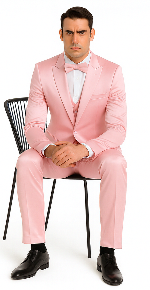 Dusty Rose Satin 3 Piece Slim Fit Tazzio Men's Suit with Double Breasted Vest and Peak Lapel Suit