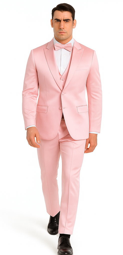 Dusty Rose Satin 3 Piece Slim Fit Tazzio Men's Suit with Double Breasted Vest and Peak Lapel Suit