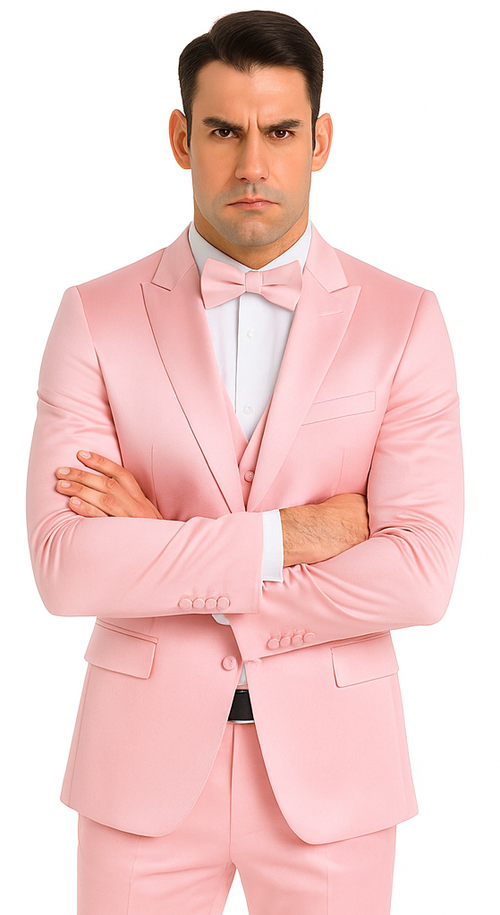 Dusty Rose Satin 3 Piece Slim Fit Tazzio Men's Suit with Double Breasted Vest and Peak Lapel Suit