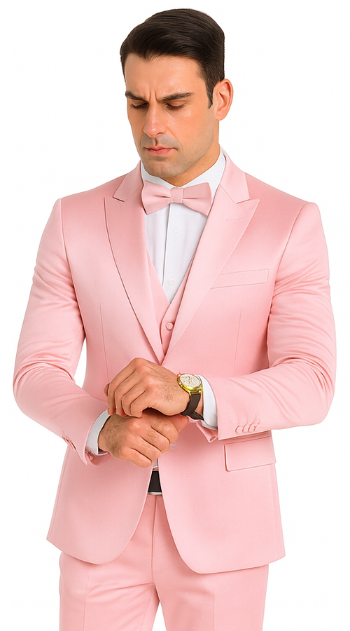 Dusty Rose Satin 3 Piece Slim Fit Tazzio Men's Suit with Double Breasted Vest and Peak Lapel Suit