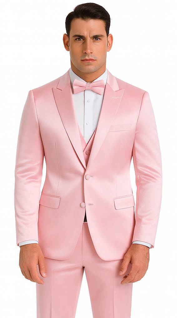 Dusty Rose Satin 3 Piece Slim Fit Tazzio Men's Suit with Double Breasted Vest and Peak Lapel Suit - 34 Short or Extra Small