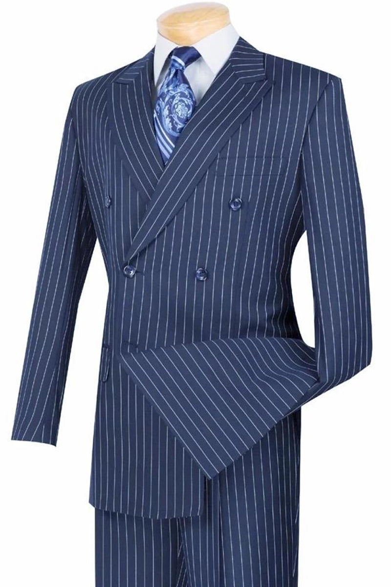Mens Double Breasted Gangster Bold Pinstripe Suit in Blue - 38 Short