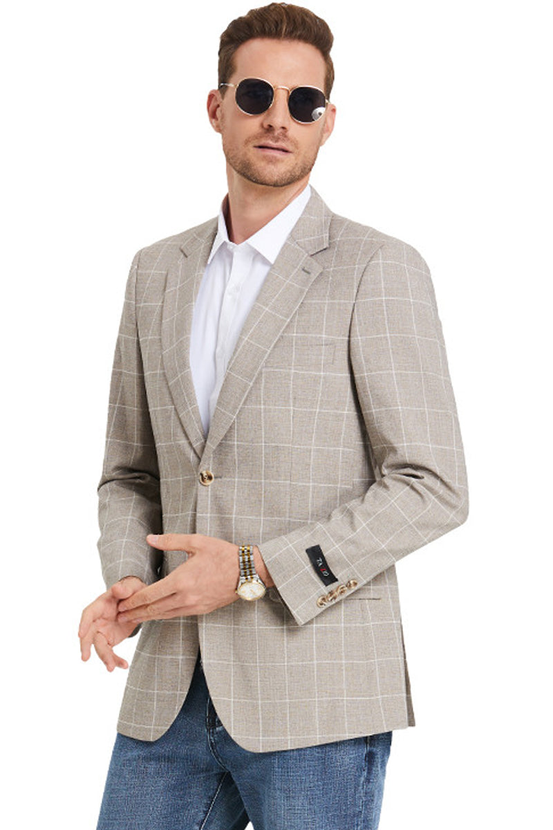 "Men's Slim Fit Windowpane Plaid Business Suit - Casual Summer Light Tan"