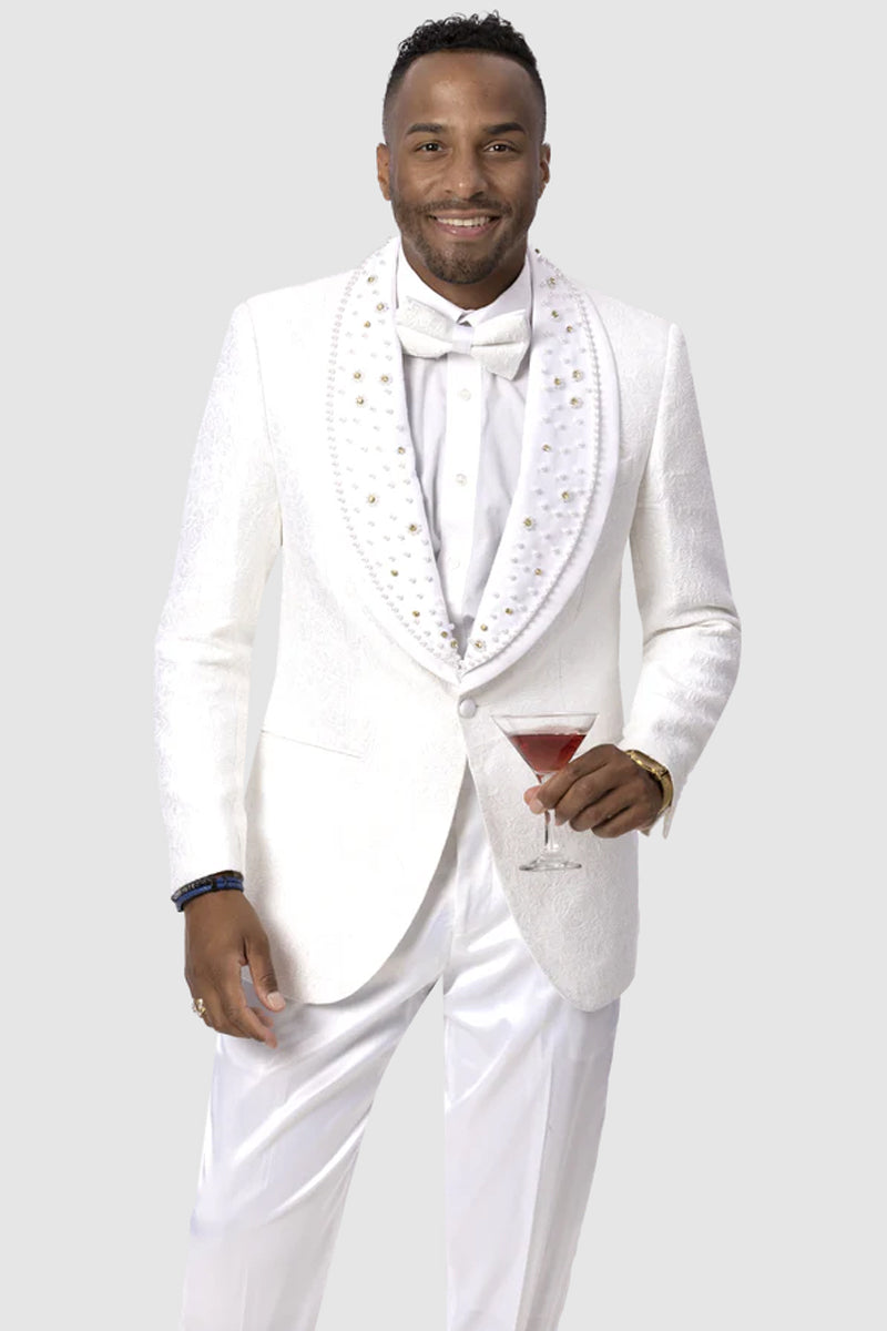 "Paisley Lace Men's Prom Tuxedo Jacket with Diamond Lapel - White"