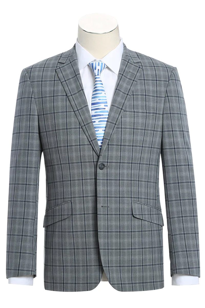 "Grey Windowpane Plaid Slim Fit Two-Button Men's Suit with Hack Pocket"