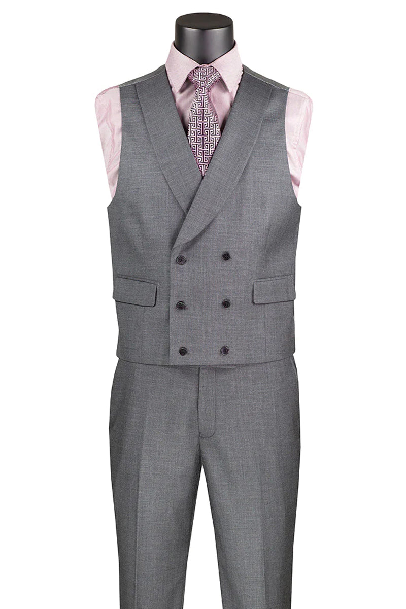 Sharkskin Charcoal Grey Men's Summer Suit with Double Breasted Vest