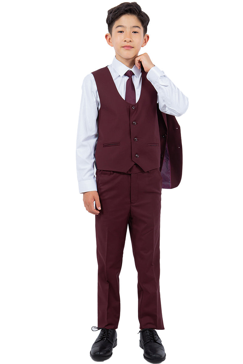 "Burgundy Perry Ellis Boy's Wedding Vested Suit" - 2