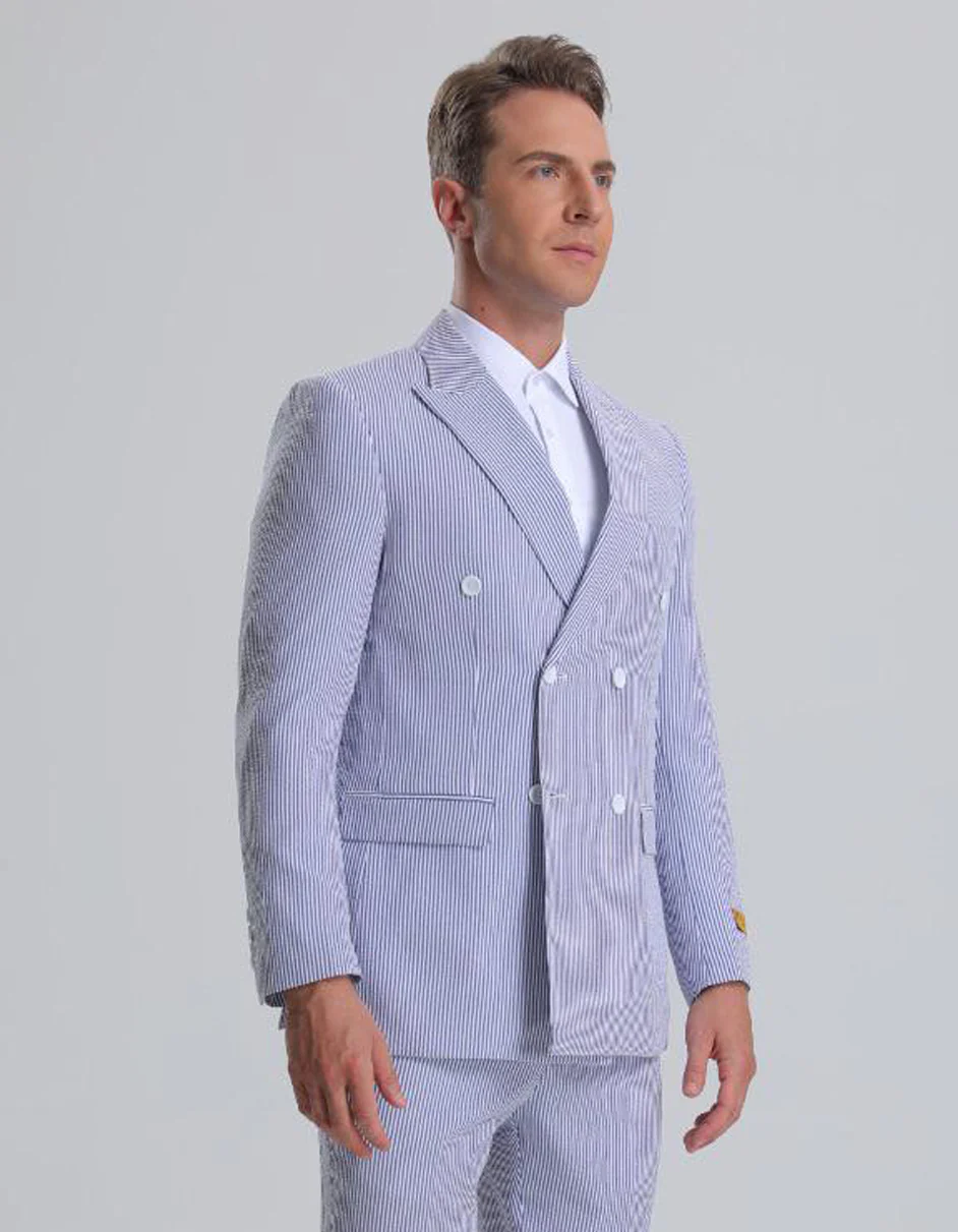 Best Mens Double Breasted Summer Seersucker Suit in Blue Pinstripe - For Men  Fashion Perfect For Wedding or Prom or Business  or Church