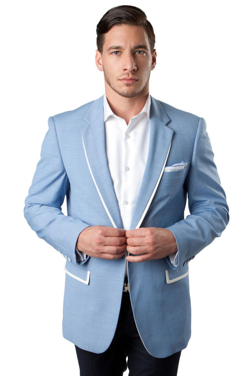 "Sky Blue Men's Summer Blazer - One Button with White Trim"