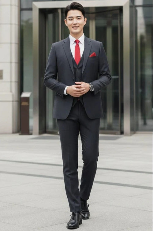 Mens Giovanni Testi Charcoal 3 Piece Suit – 2 Button Closure, Classic Notch Lapel, Flex Waist Pants