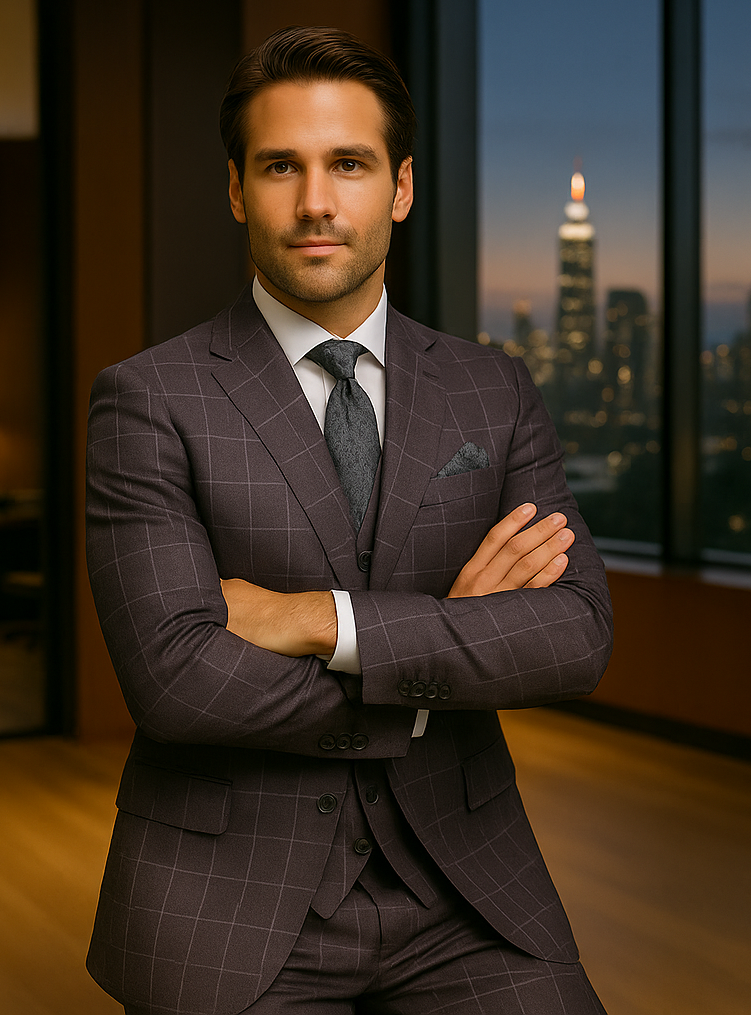 Wool Suit - Italian Made Business Suit by Statement Men's 3 Piece 100% Wool Modern Fit Suit - Fashion Pattern - 38R