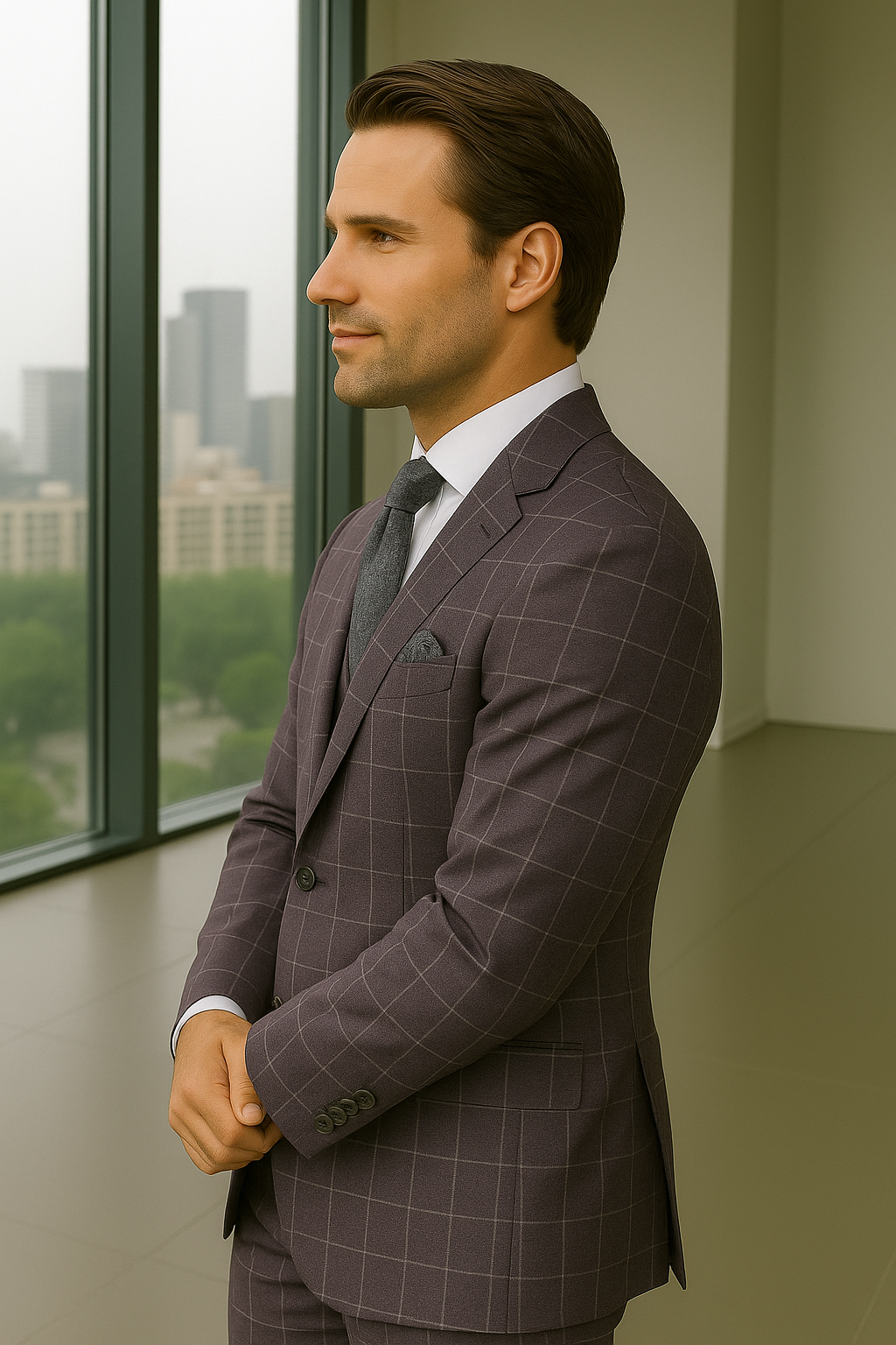 Wool Suit - Italian Made Business Suit by Statement Men's 3 Piece 100% Wool Modern Fit Suit - Fashion Pattern - 38R