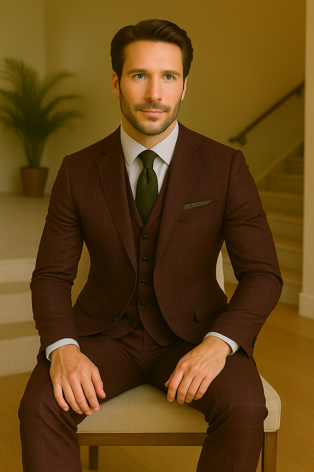 Wool Suit - Italian Made Business Suit by Statement Men's 3 Piece 100% Wool Modern Fit Suit - V-Neck Double Breasted Vest - 38R