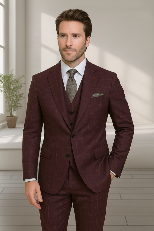 Modern Fit - Wool Suit - Italian Made Business Suit by Statement Men's 3 Piece 100% Wool Modern Fit Suit - V-Neck Double Breasted Vest