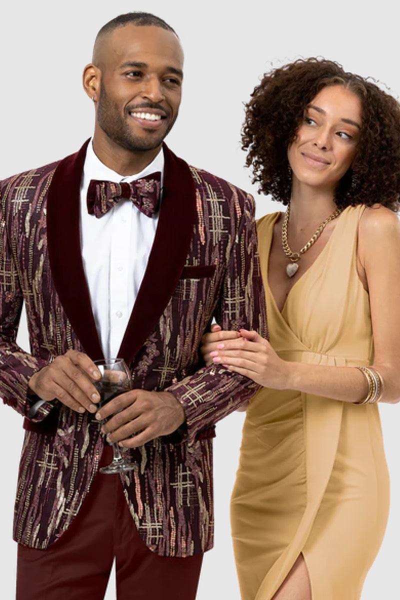 EJ Samuel Men's Burgundy Burgate Tux Blazer with Gold Sequin & Velvet Trim - Burgundy / Gold