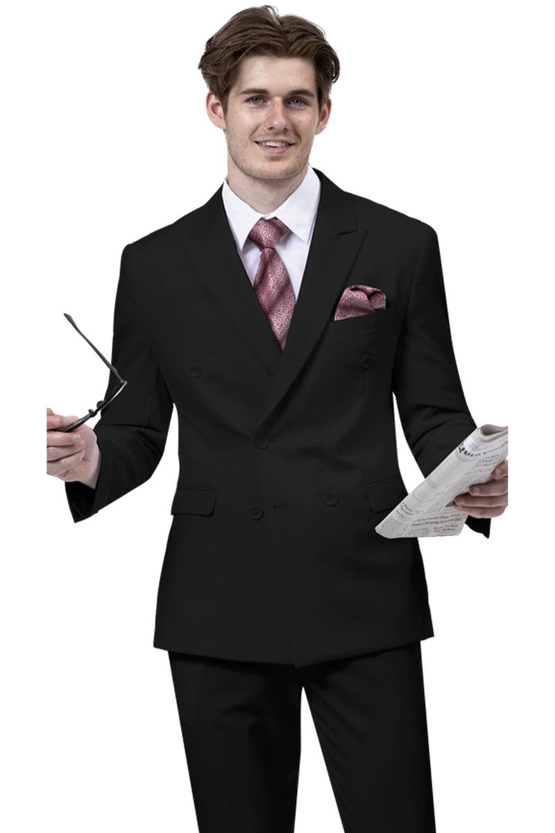 "EJ Samuel Men's Double Breasted Peak Lapel Suit - Refined, Modern-Cut Black" - Black