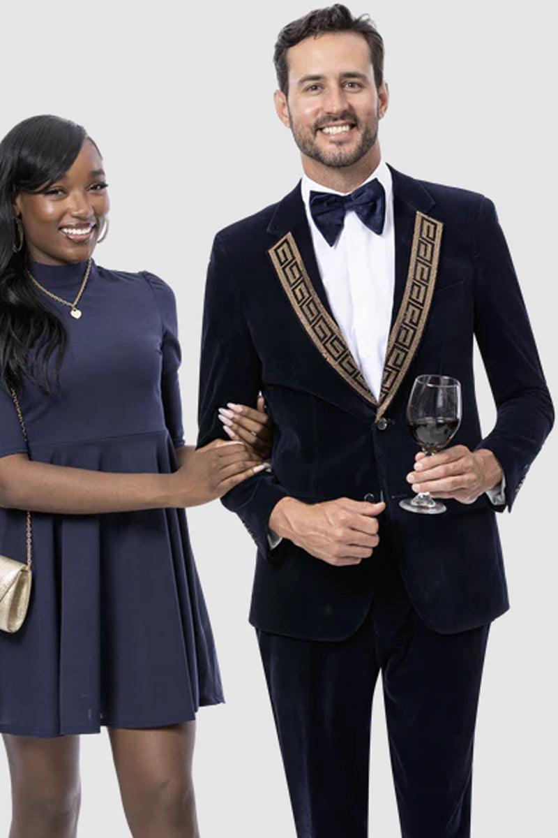EJ Samuel Men's Navy Blue Modern Fit Velvet Sequin Lapel Tuxedo Suit - Navy