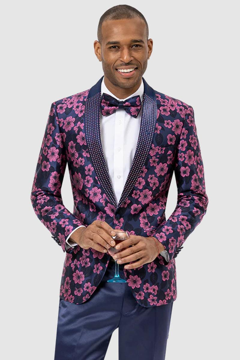 "EJ Samuel Men's Navy Floral Studded Tuxedo Blazer" - Blue / Pink