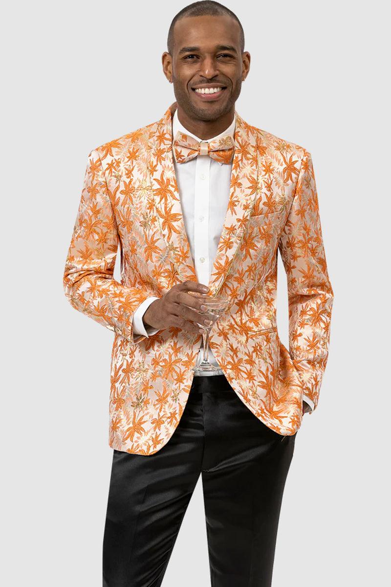 EJ Samuel Men's Orange Shiny Paisley Tuxedo Jacket with Shawl Lapel & One Button - Orange