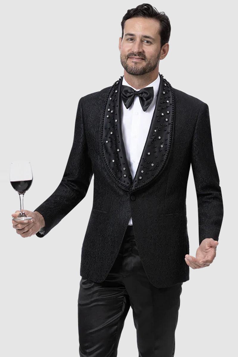 "EJ Samuel Men's Prom Tuxedo Jacket with Paisley Lace & Diamond Lapel - Black" - Black