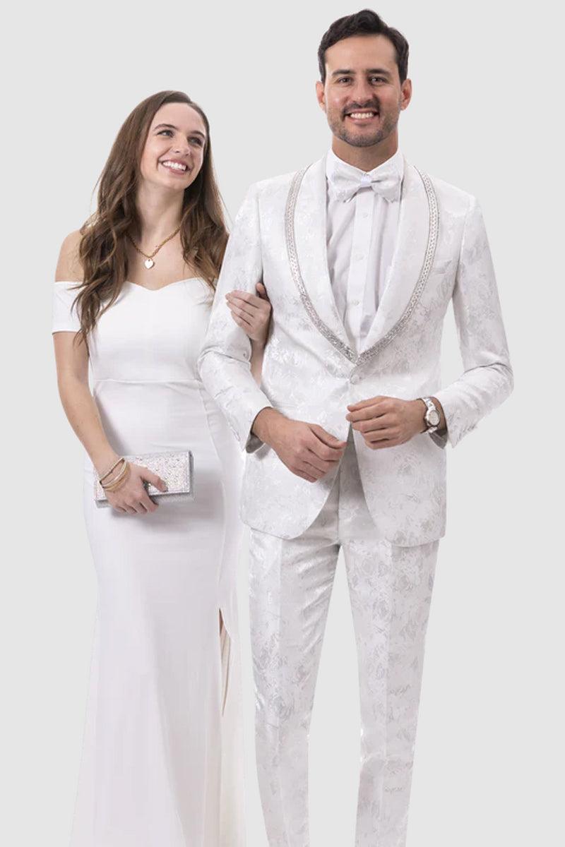 EJ Samuel Men's Silver & White Paisley Tux with Sequin Lapel Trim for Proms & Weddings - White / Black