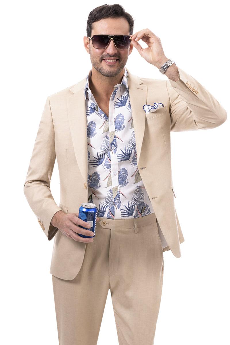 "EJ Samuel Men's Tan Linen Suit: Modern, Casual Fit for Summer" - 48 Regular Jacket+42 Waist Adjust 38to44)Height: 5'7"-6')(Neck 17.5-19:Xl-XXL)