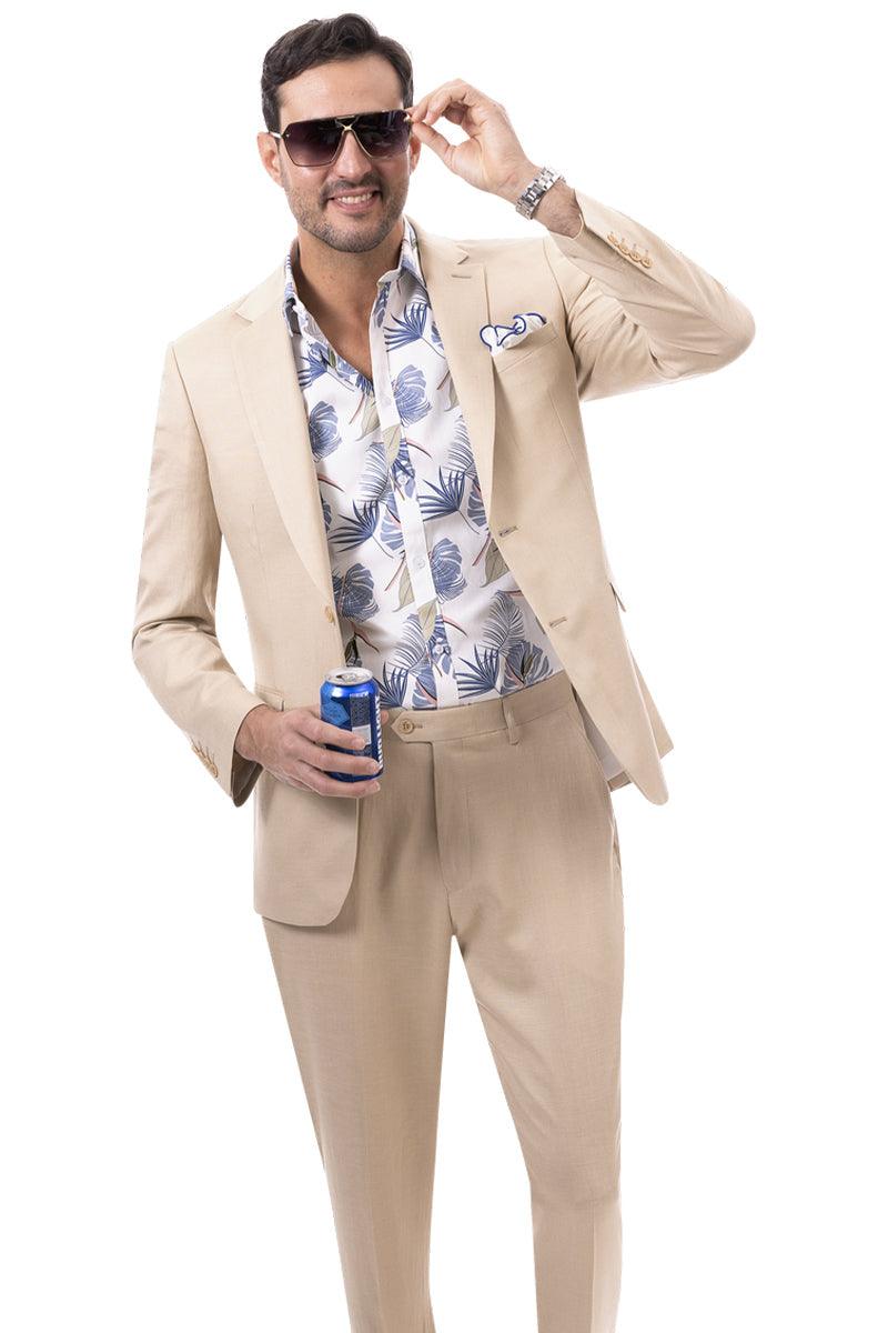 "EJ Samuel Men's Tan Linen Suit: Modern, Casual Fit for Summer" - 48 Regular Jacket+42 Waist Adjust 38to44)Height: 5'7"-6')(Neck 17.5-19:Xl-XXL)