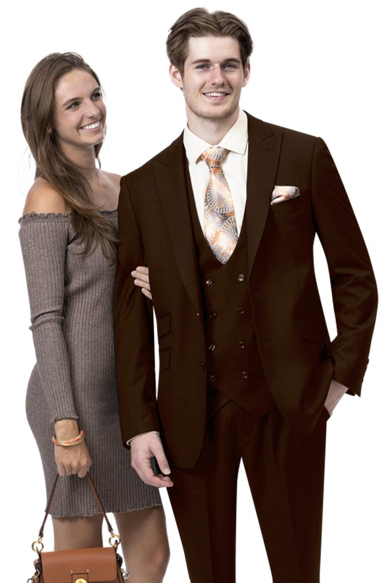 Mens Slim Fit Two Button Peak Lapel Vested Suit in Brown Windowpane Plaid