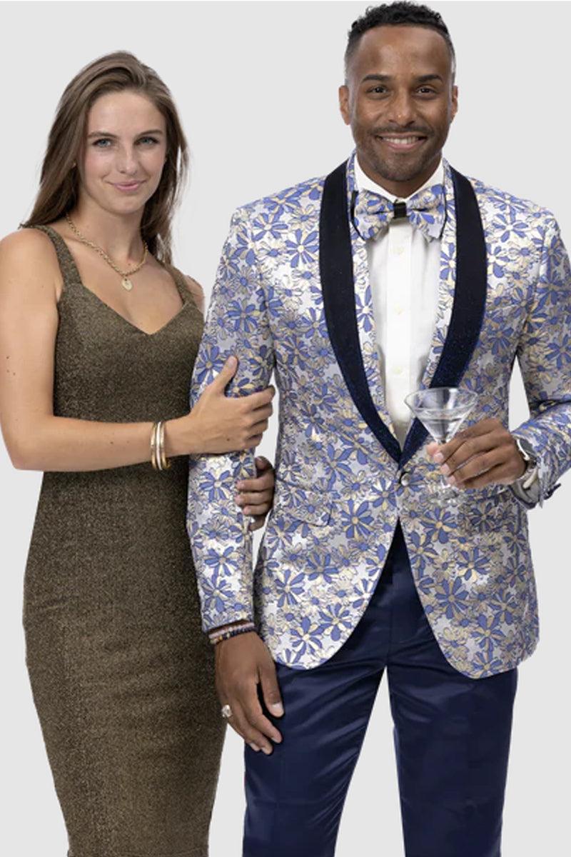 EJ SAMUEL Prom Tuxedo Jacket - Aqua Blue & Gold Paisley Floral - Blue