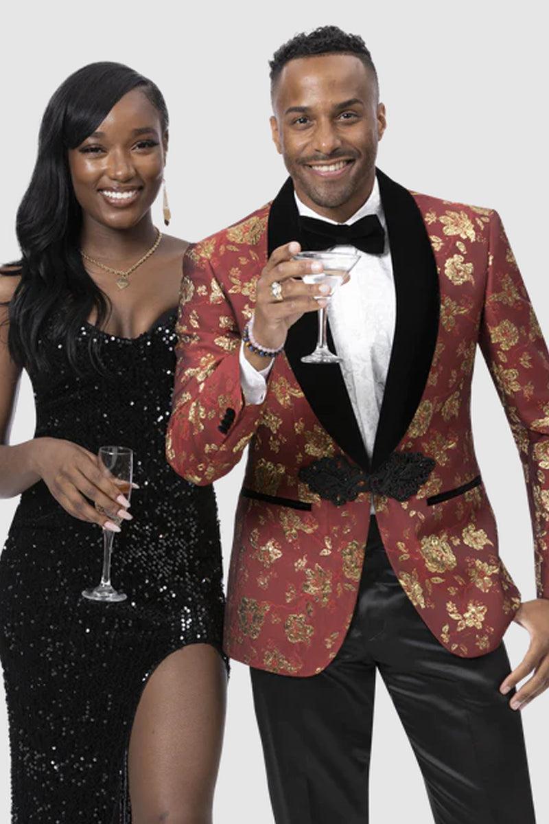 EJ Samuel Red & Gold Paisley Tux Jacket: Luxe Prom Smoking Look - Black / Red